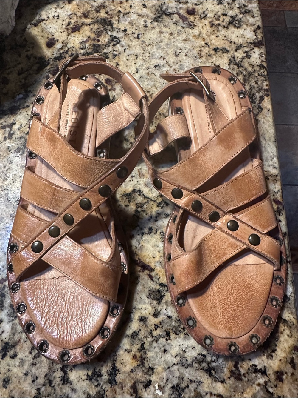 Bed Stu Tan Leather Studded Crisscross Sandals